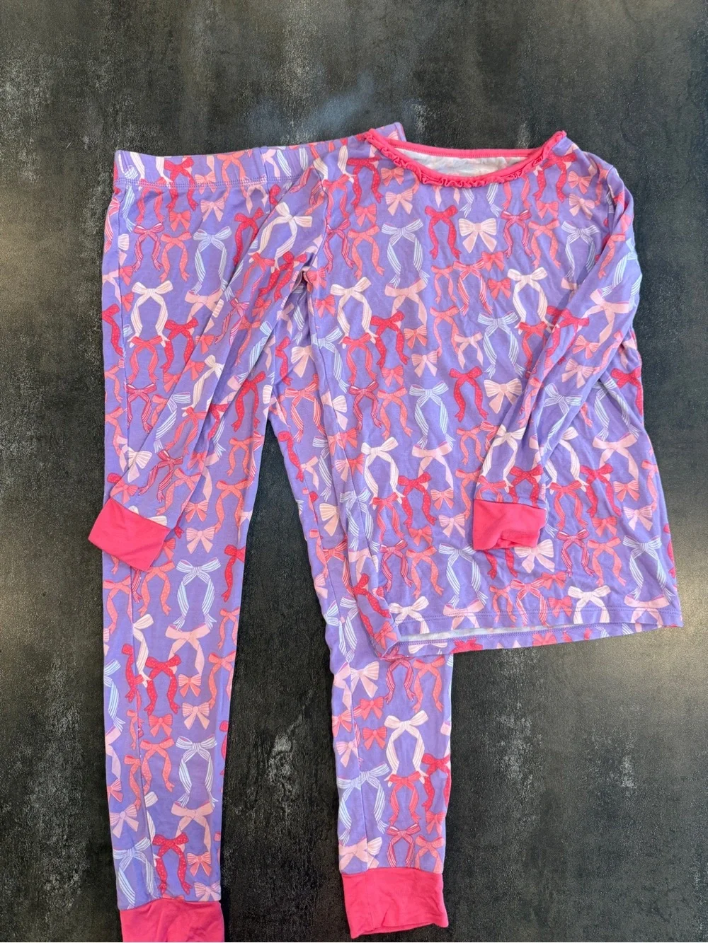 RuffleButts SoftSnooze Girls Bow Pajamas Purple Pink 7/8